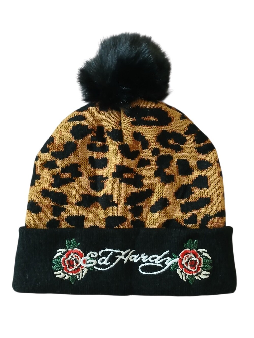 NWOT Ed Hardy Leopard Embroidered Rose Signature Pom Beanie One Size Tattoo